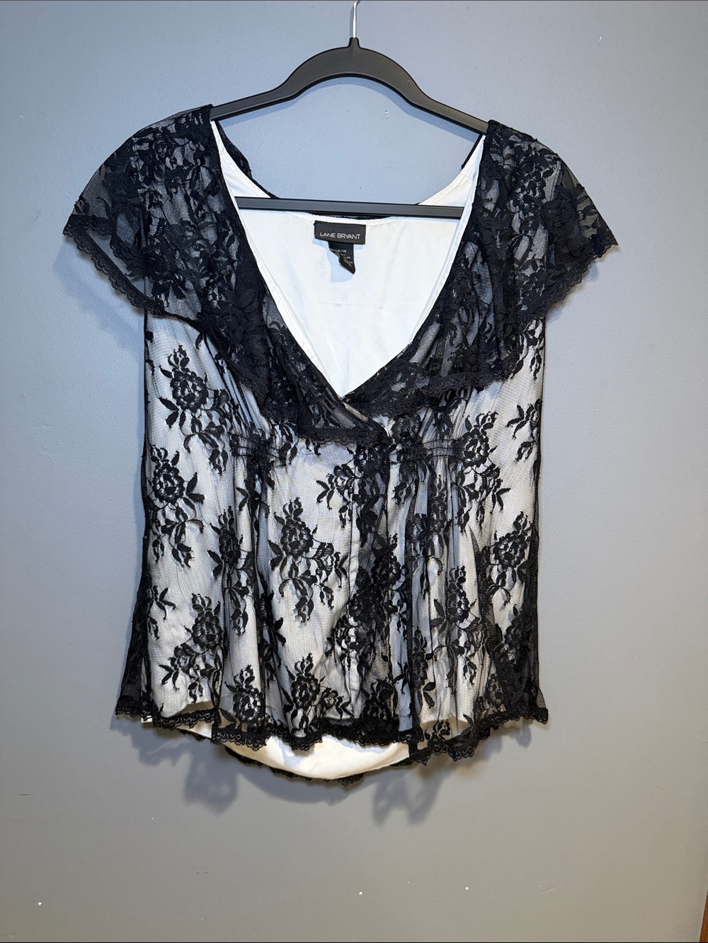 Lane Bryant Black Lace Overlay V-Neck Blouse with White Lining